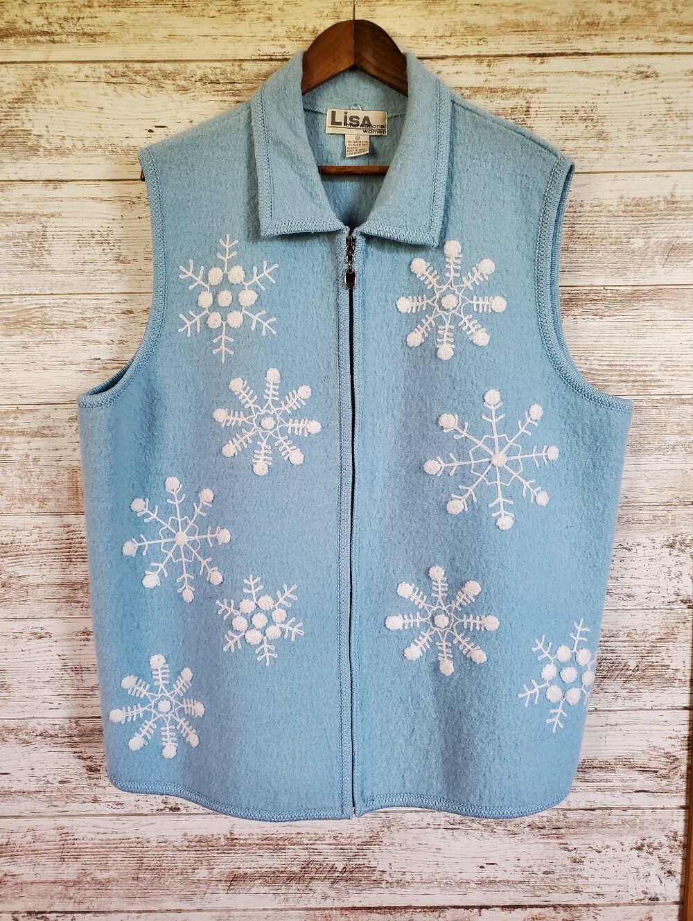 Lisa International Boiled Wool Snowflake Zip Up Sweater Vest Blue Vintage